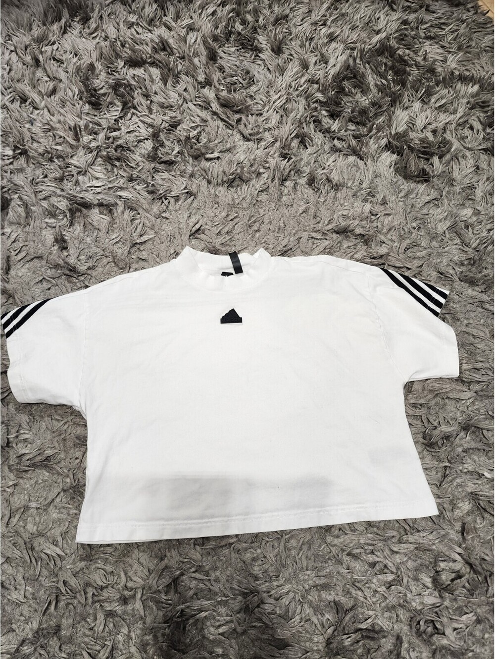 Adidas White Striped Mock Neck Logo Short Sleeve T-Shirt Women's Size L